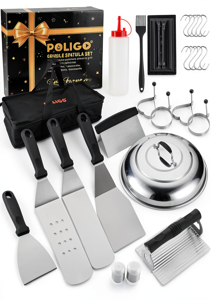 POLIGO BBQ tool set displayed on a griddle surface