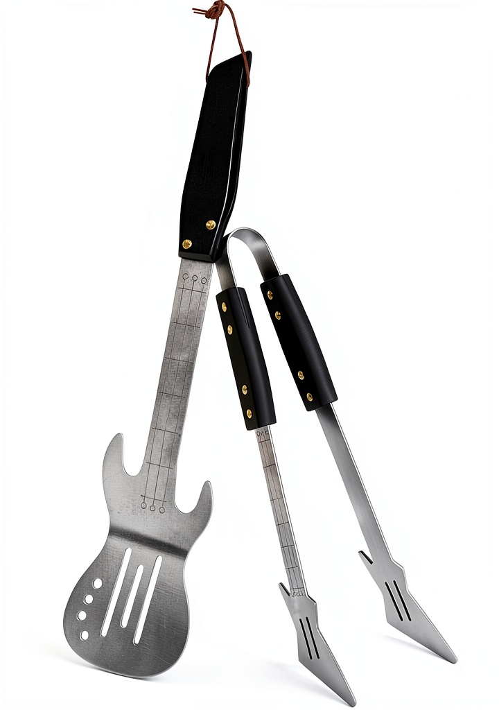 Rock guitar barbecue tool set in use on a grill