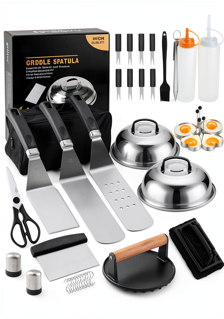 Grilljoy griddle tools set displayed on a kitchen counter