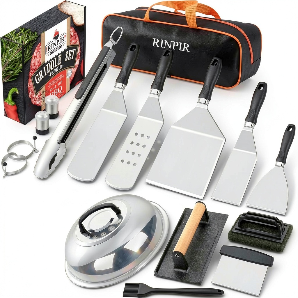 RINPIR 33PCS Griddle Accessories Set displayed on a flat top grill