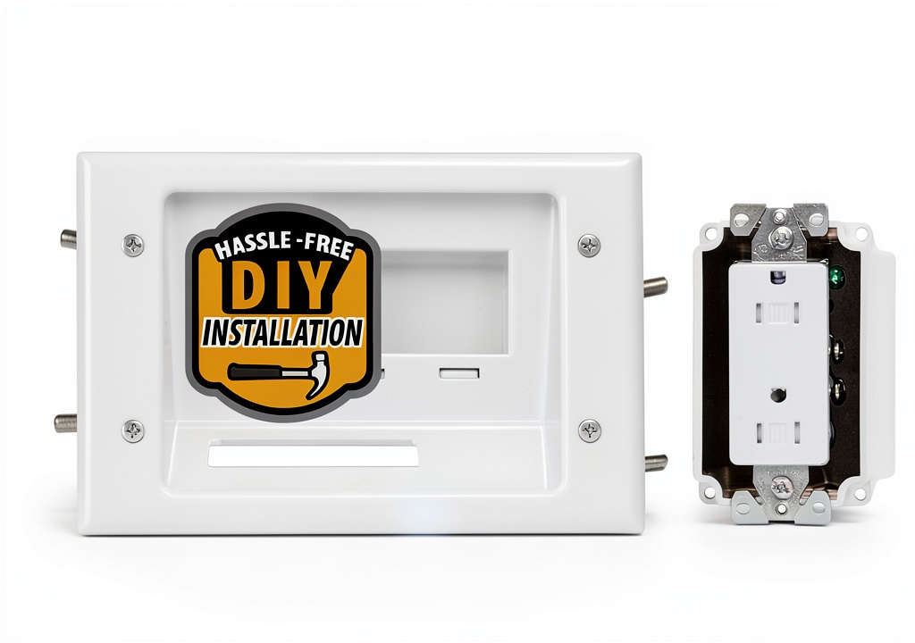 Close‑up of DATA COMM white metal duplex receptacle installed in a wall