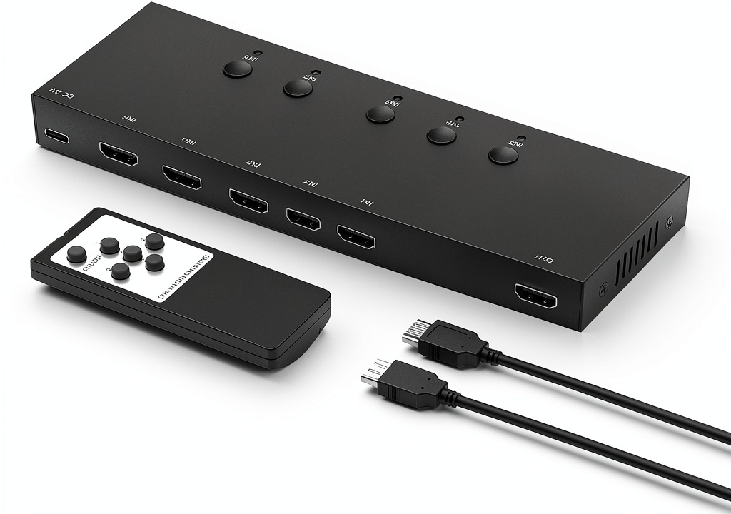 HDMI switch installed behind a 4K TV in a living room