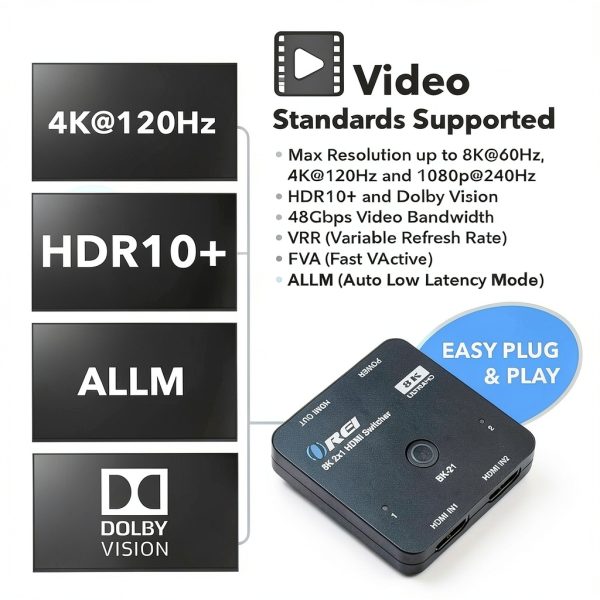 OREI 8K HDMI Switch 2x1 Dual Selector with Auto Manual Switching, VRR-7